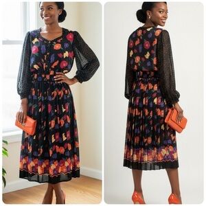 1980s Montage by Mosaic Black Multi Colorful Floral Dot Pleated Midi Dress Sz XL